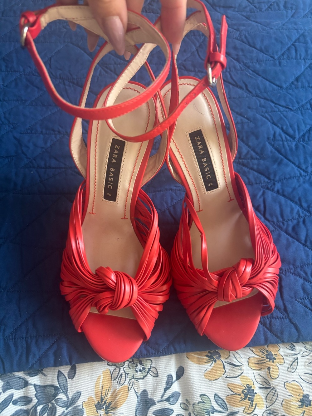 Zara Red Knotted Leather Strappy Heels